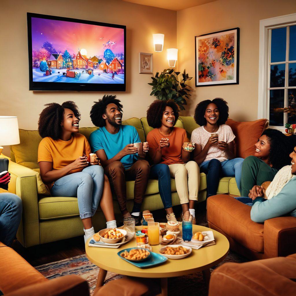 A cozy living room scene showcasing a group of diverse friends laughing together while watching a colorful TV with a cartoonish comedy scene displayed. Surrounding them are snacks and drinks, exuding a sense of joy and relaxation. The ambiance is warm and inviting, with soft lighting and comfortable furniture. Add whimsical animated elements like laughter bubbles or funny character cutouts to enhance the playful atmosphere. vibrant colors. cartoon style. cozy setting.