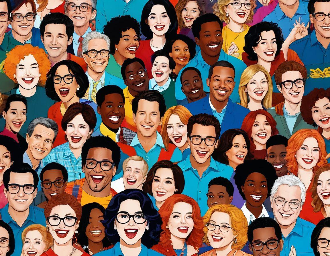 A lively, colorful collage of diverse characters from various comedic TV series, each engaging in a hilarious moment that captures their unique personalities. Include bright, exaggerated facial expressions and playful backgrounds that reflect their show's ambiance. Add cartoon-style speech bubbles with funny quotes to amplify the humor. The overall vibe should be upbeat and inviting, perfect for a blog about laughter and entertainment. vibrant colors. cartoon art.