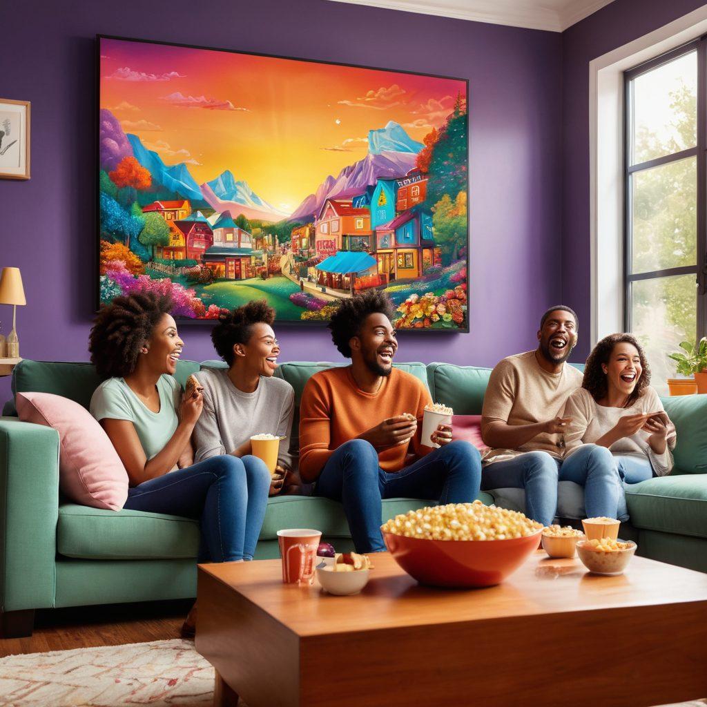 A cozy living room scene featuring a diverse group of friends laughing and enjoying a large screen, streaming a comedy series. The room is filled with popcorn, comfy cushions, and funny posters on the walls. Soft lighting creates a warm, inviting atmosphere, with an array of colorful snacks on a coffee table. Illustrate a playful, lighthearted vibe to evoke joy and connection. vibrant colors. super-realistic.